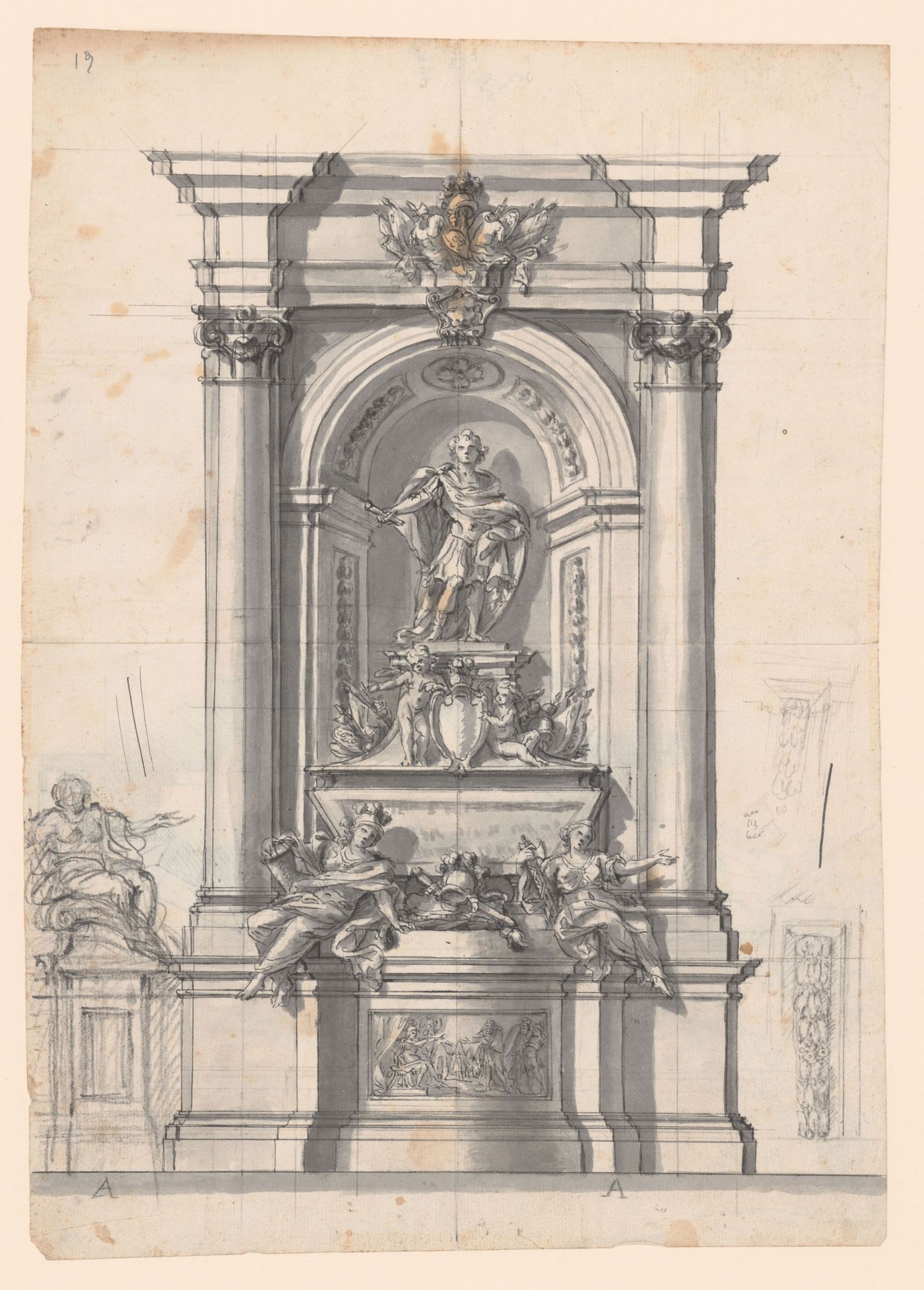 Elevation for a monument for a secular ruler; verso: Plan for a monument for a secular ruler and sketch for a canopy