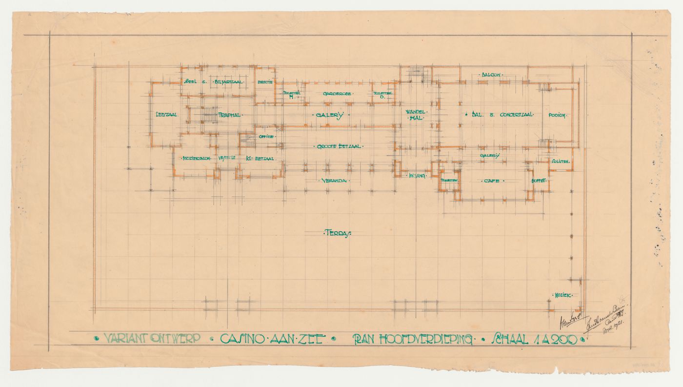 Student drawing showing the main floor plan for a casino by the sea, Technische Hogeschool Delft, Netherlands