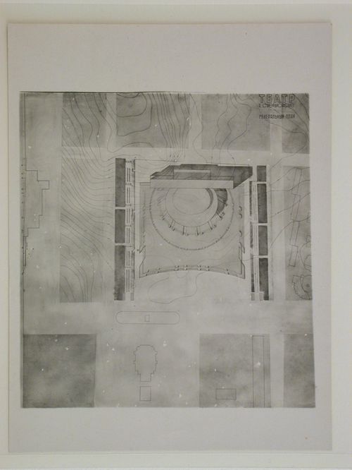 Photograph of a site plan for the final round of competition for a "synthetic theater" in Sverdlovsk, Soviet Union (now Ekaterinburg, Russia)