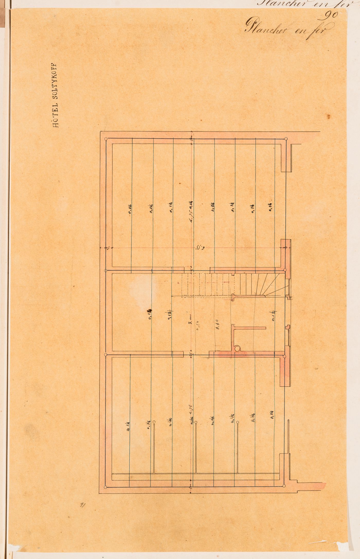 Plan for the outbuilding indicating the location of the iron beams, Hôtel Soltykoff