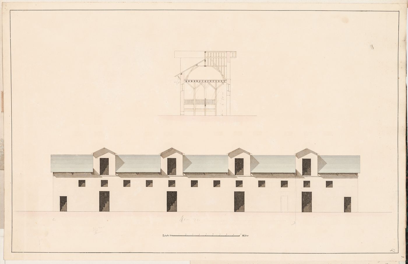 Project for a stud-farm "Haras de Madrid", Bois de Boulogne: Elevation and cross section for a stable