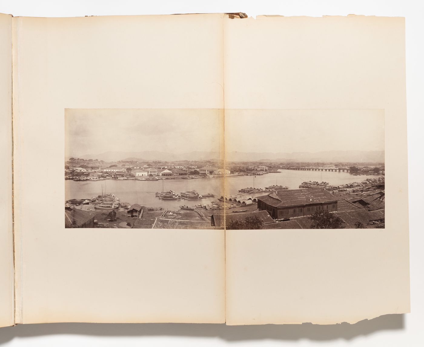Panorama of Foochow (now Fuzhou) showing part of the foreign settlement, the Bridge of Ten Thousand Ages and the Min River, China