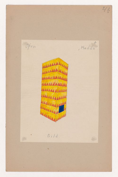 Design for a yellow and orange tiled stove