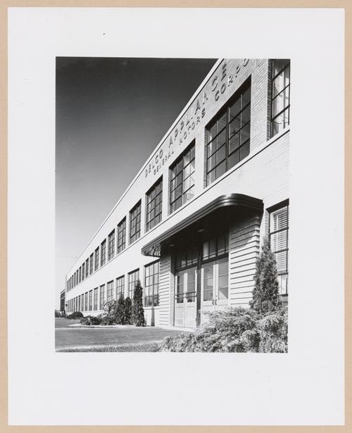 View of the main entrance to the Manufacturing Building, General Motors Corporation Delco Appliance division Assembly Plant, Rochester, New York