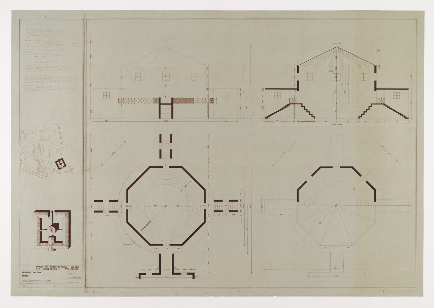 Plan, section, and elevation, Scuola Media Inferiore in località Crocione nel Comune di Broni, Italy