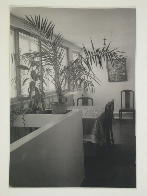 Interior view of Nikolai Milutin's apartment in the People's Commissariat for Finance (Narkomfin) Apartment Building showing the upper level, 25 Novinskii Boulevard, Moscow