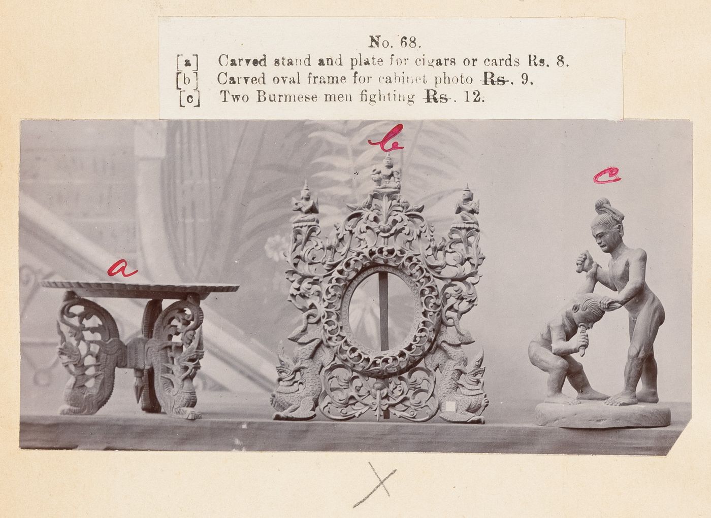 View of a stand, frame, and statue, F. Beato Limited, C Road, Mandalay, Burma (now Myanmar)