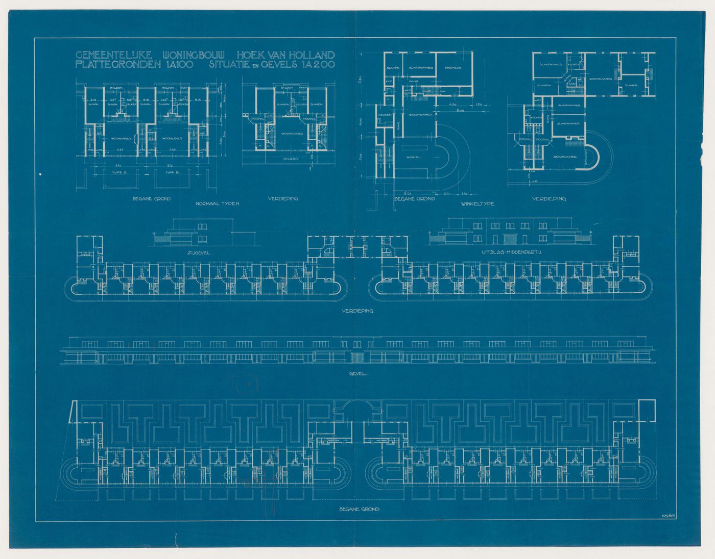 Ground and first floor plans and elevations for industrial row houses, Hoek van Holland, Netherlands; verso: Elevations, details and doodles for industrial row houses [?], Netherlands