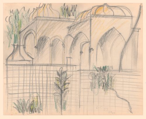 Copy after Le Corbusier, perspective sketch of a domed courtyard, tomb pavilions surrounded by lattice screen, Atikali Pasa mosque,Istanbul