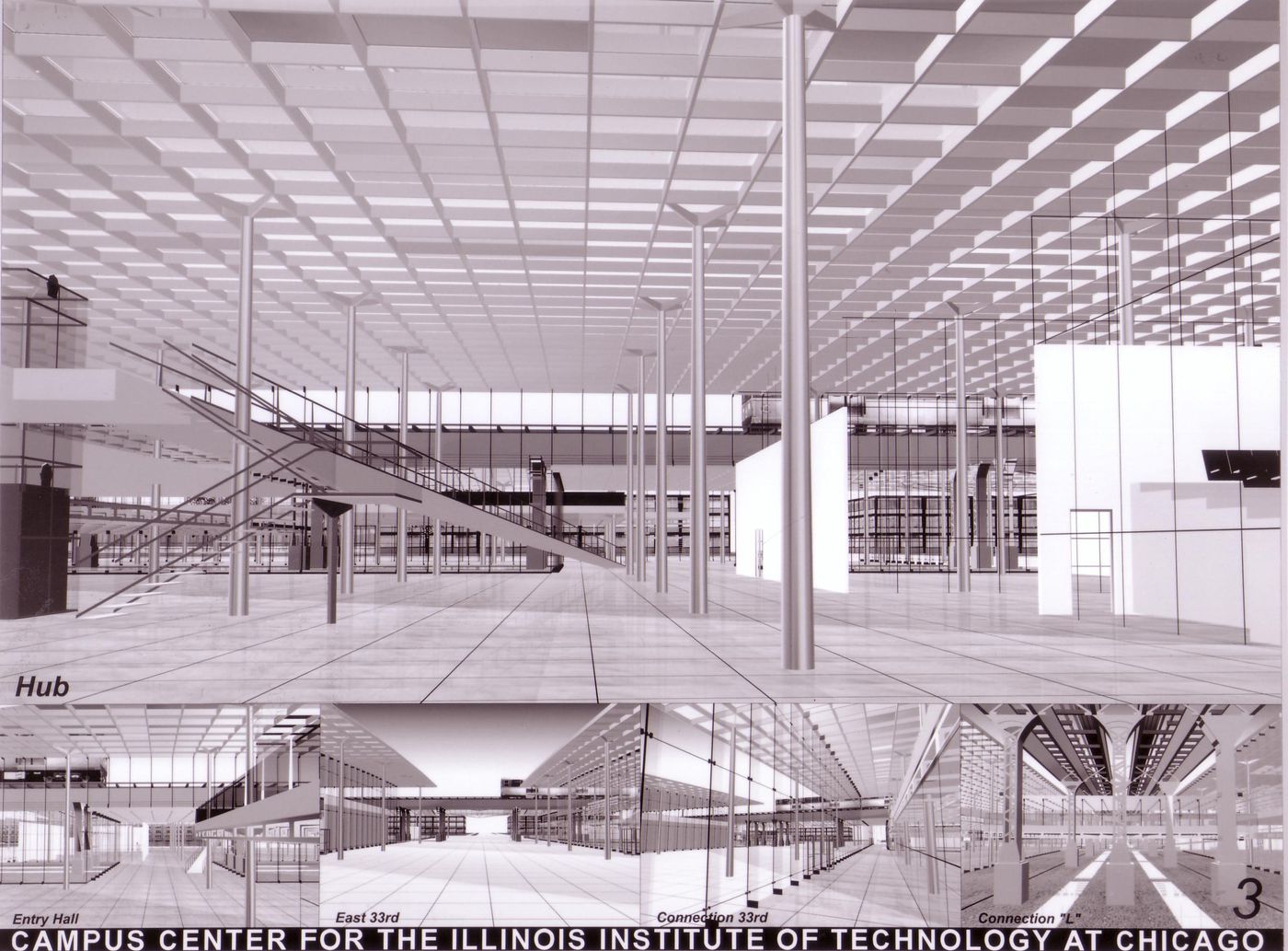 Interior and exterior perspectives, submission to the Richard H. Driehaus Foundation International Design Competition for a new campus center (1997-98), Illinois Institute of Technology, Chicago, Illinois