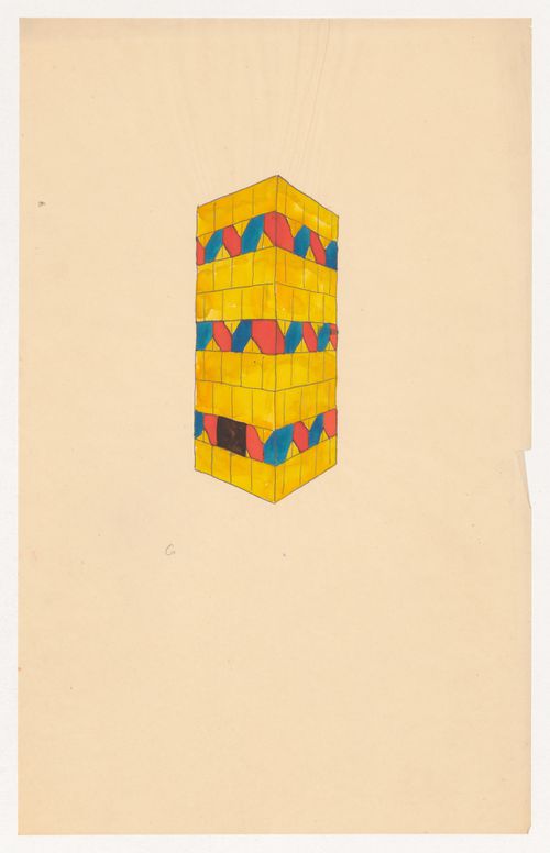 Design for a yellow tiled stove decorated with a red and blue geometric pattern