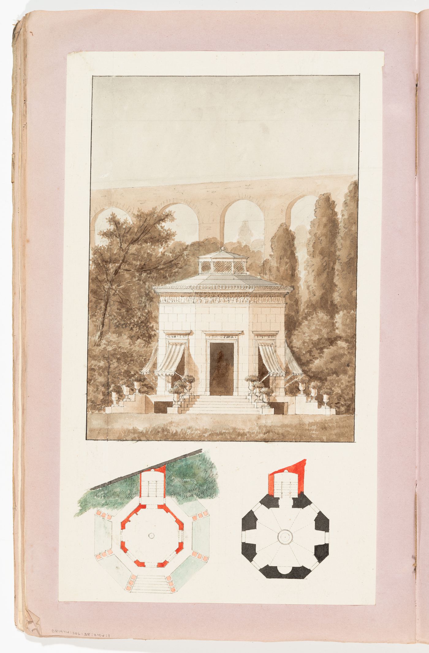 Elevation for a garden pavilion; verso: Elevation and plans for a garden pavilion