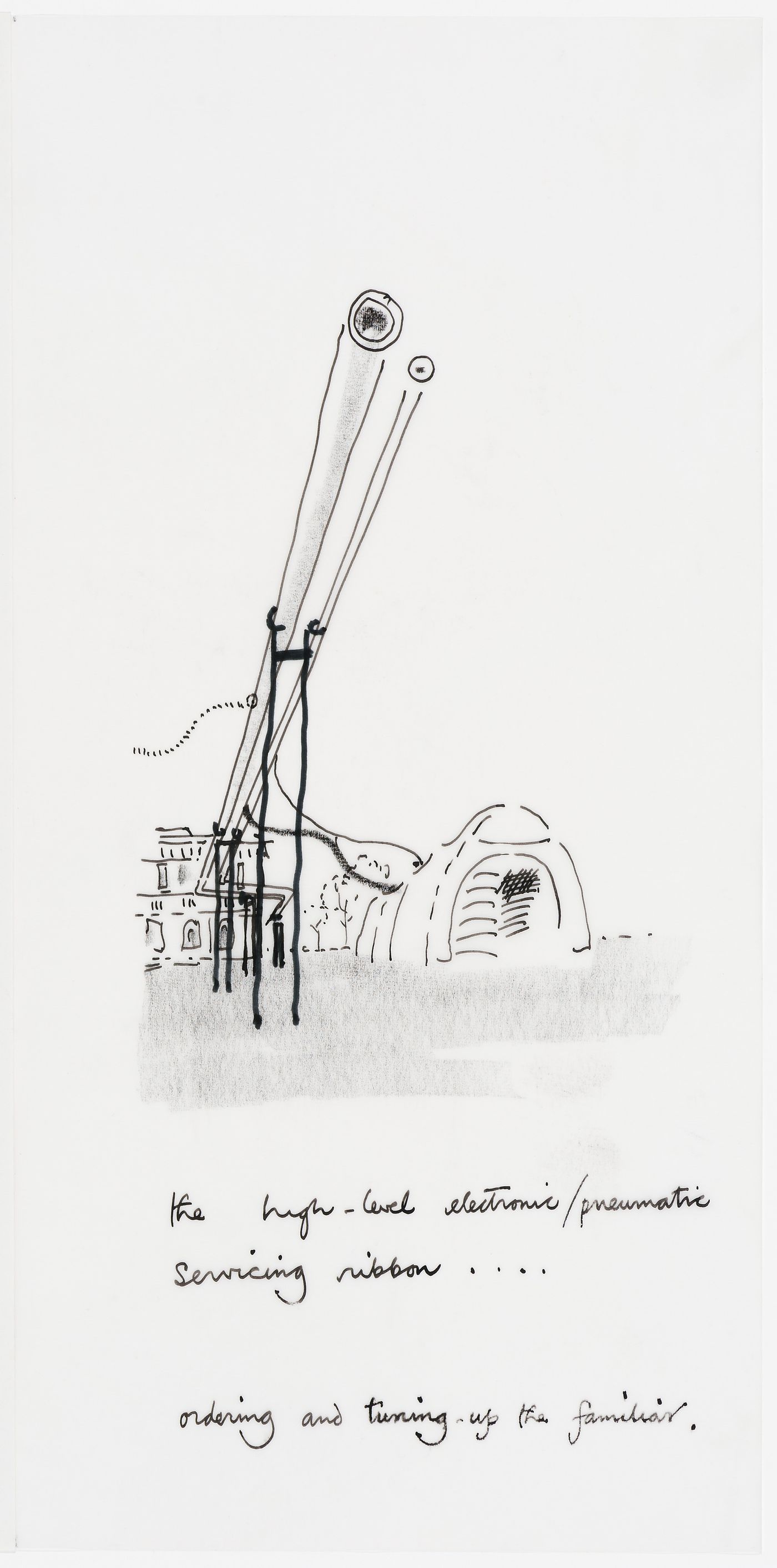 Concours international, Parc de la Villette, Paris: entry by Cedric Price: text with sketch of high-level servicing ribbon