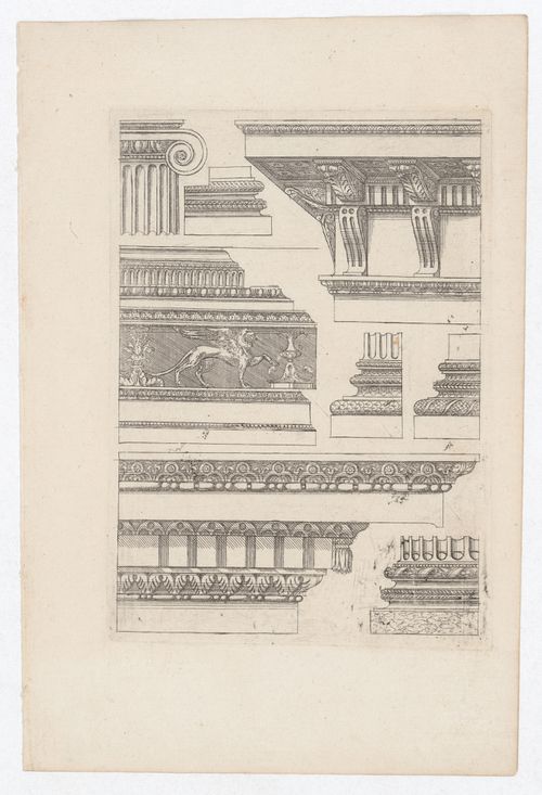 Designs for an ionic capital, entablatures and column bases