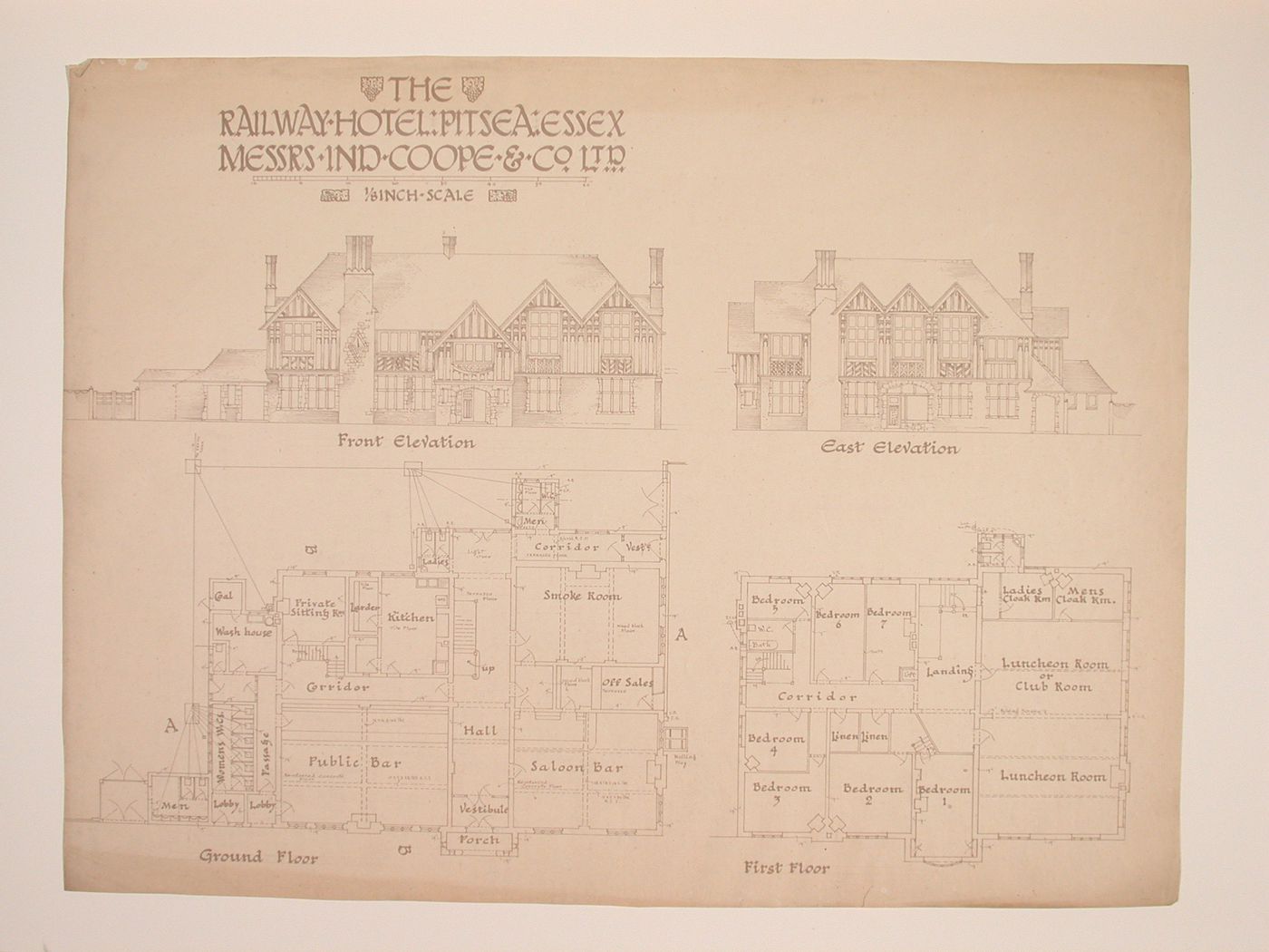 Front and east elevations and ground and first floor plans for the Railway Hotel, Pitsea