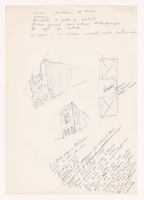 Sketch axonometric views and notes for Caixa Geral de Depósitos, Matosinhos, Portugal
