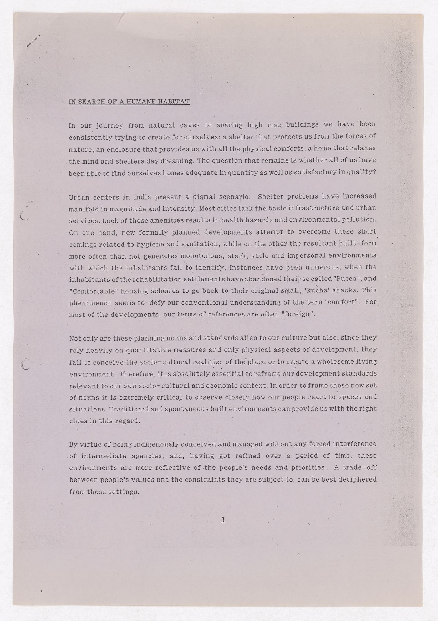 Report "In Search for a Humane Habitat" by Vastu-Shilpa Foundation and McGill University's Minimum Cost Housing Group for the Human Settlement Training project in India