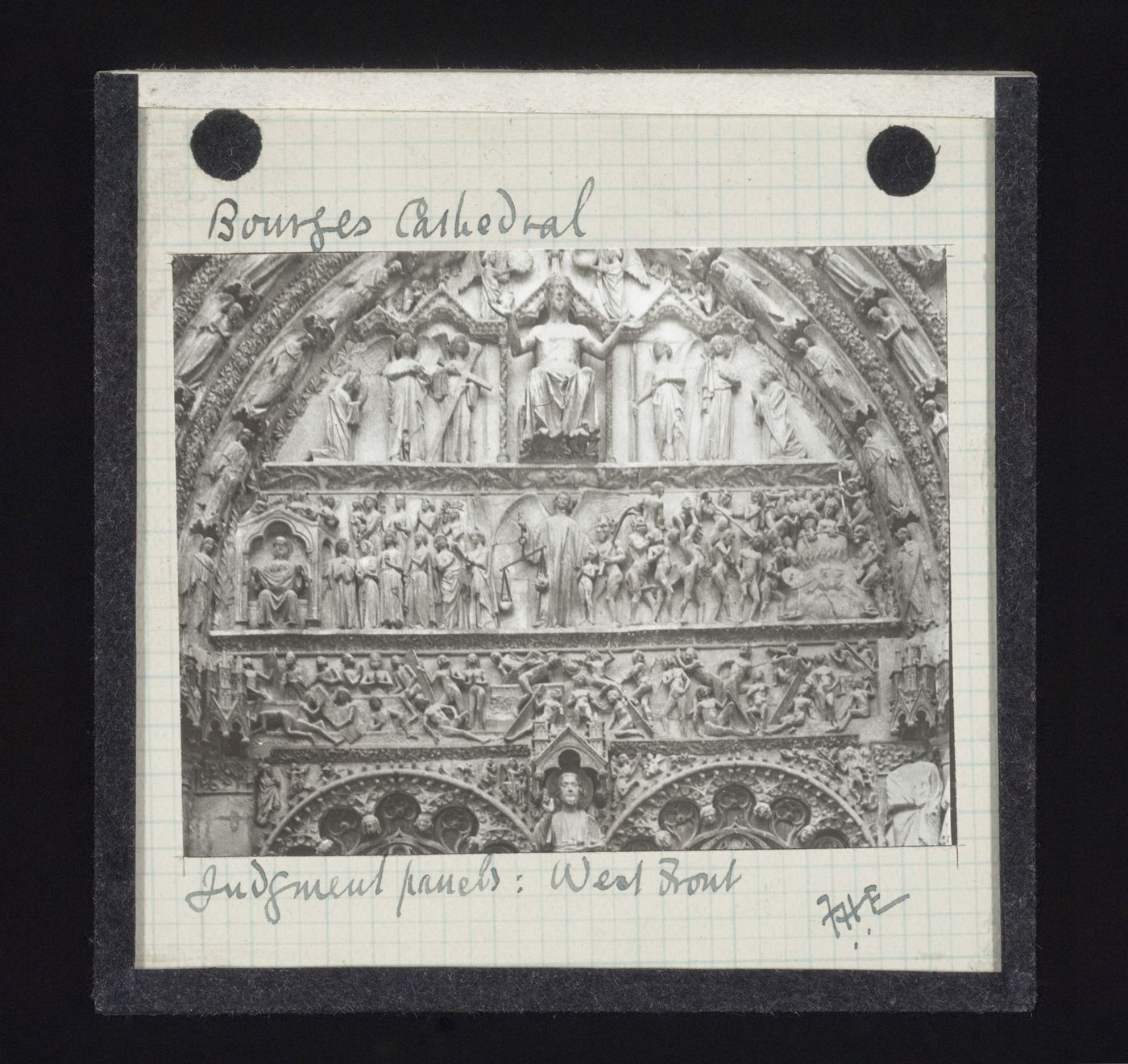 View of Judgment Day panels of west portal of Cathédrale Saint-Etienne de Bourges, Bourges, France