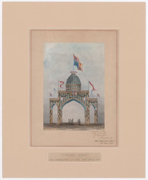Perspective for a temporary welcome arch at the intersection of King and Yonge Streets for the visit of the Marquess of Lorne and Princess Louise to Toronto, September 1879