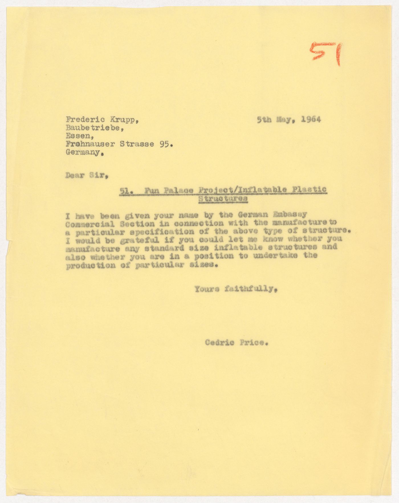 Letter from Cedric Price to Frederic Krupp about Fun Palace Project