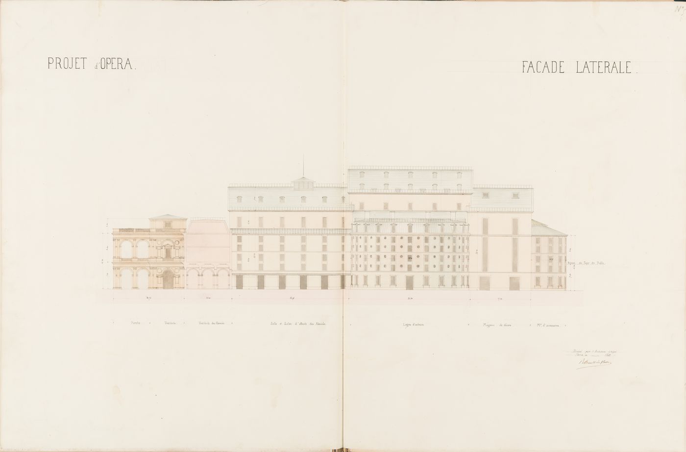 Project for an opera house for the Théâtre impérial de l'opéra: Side elevation