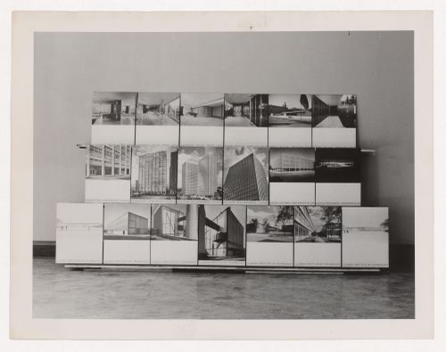 View of exhibition panels showing various projects by Mies van der Rohe