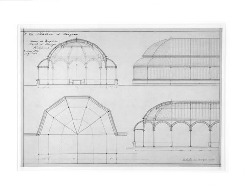 An elevation, roof plan, and two sections for a proposed glass dining hall at the Château de Ciergnon