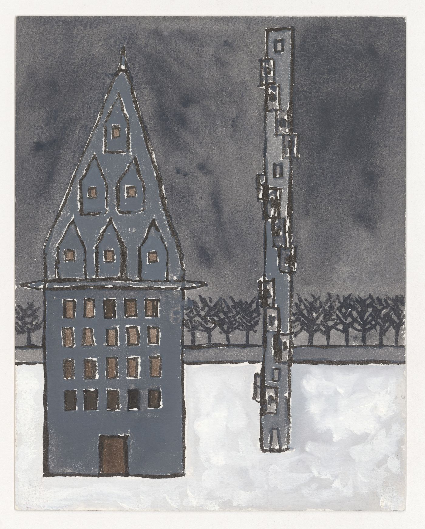 Painting for Berlin Night depicting Center for Historical Investigations Regarding the Collapse of Time and Tower of Reading Carrels