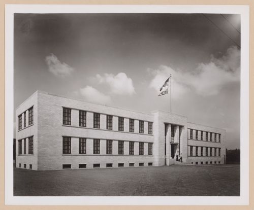 View of the principal façade of the Administration Building, General Motors Corporation Chevrolet division Aviation Engine Assembly Plant, Tonawanda, New York