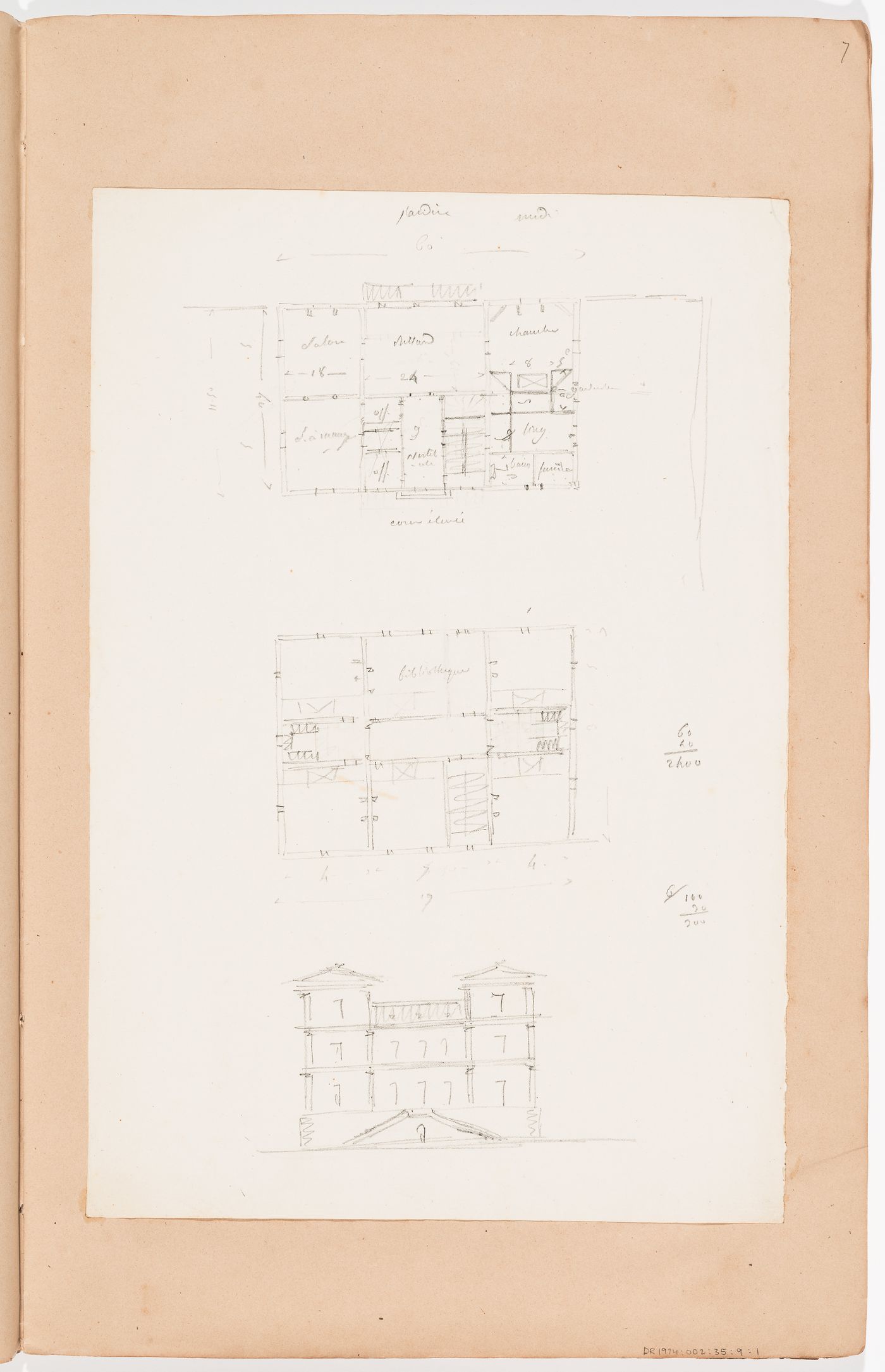 Ground and first floor sketch plans and elevation for an unidentified house