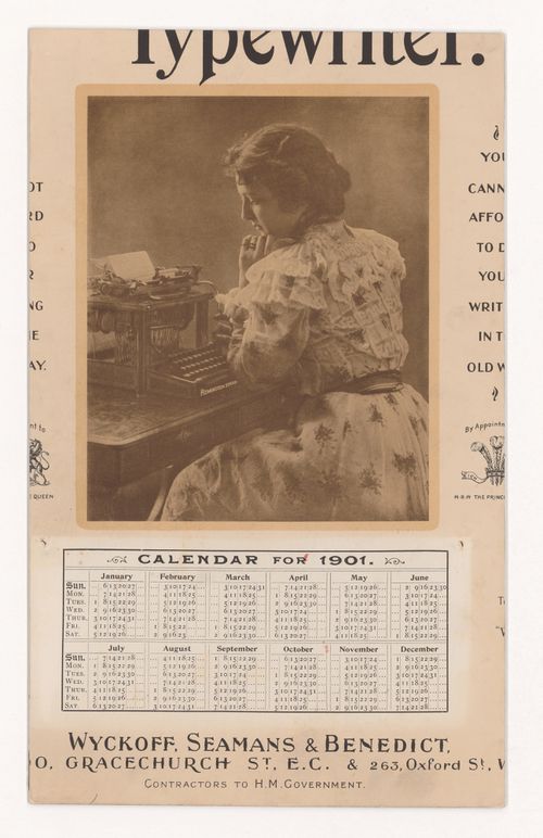 Calendar for the year 1901 with a portrait of a woman with a typewriter