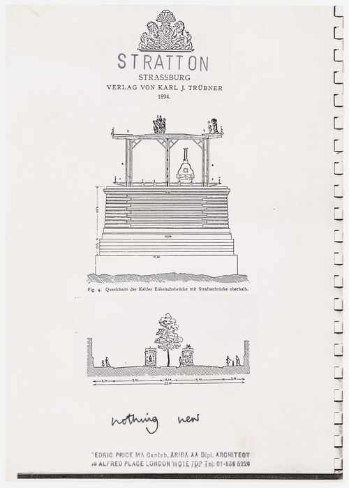 Stratton: illustrations from an 1894 publication: section of Kehl railway bridge with a road bridge above, and, section of a streetcar system, with comment "nothing new"
