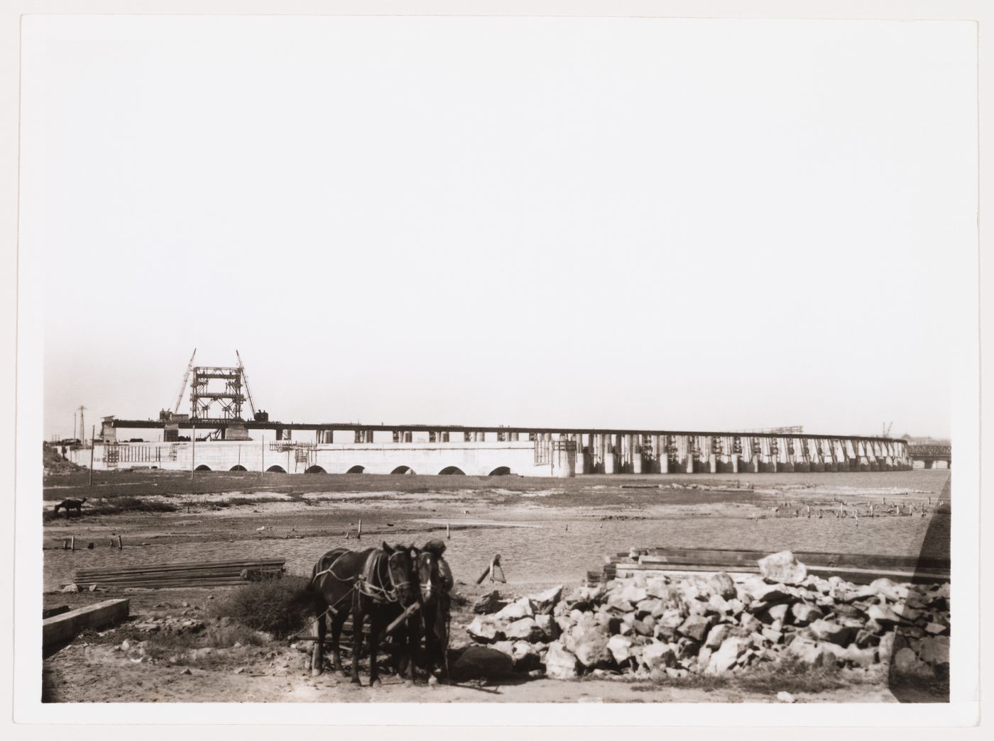 View of Dnieper Hydroelectric Power Station under construction, Zaporozhe, Soviet Union (now in Ukraine)