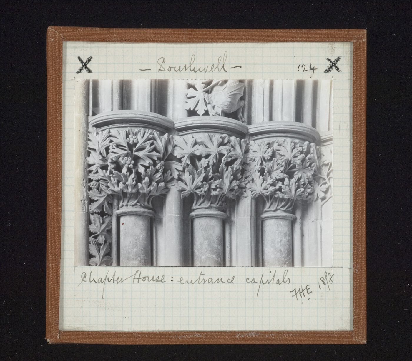 View of capitals of entrance of Chapter House, Southwell Minster, Southwell, Nottinghamshire, England