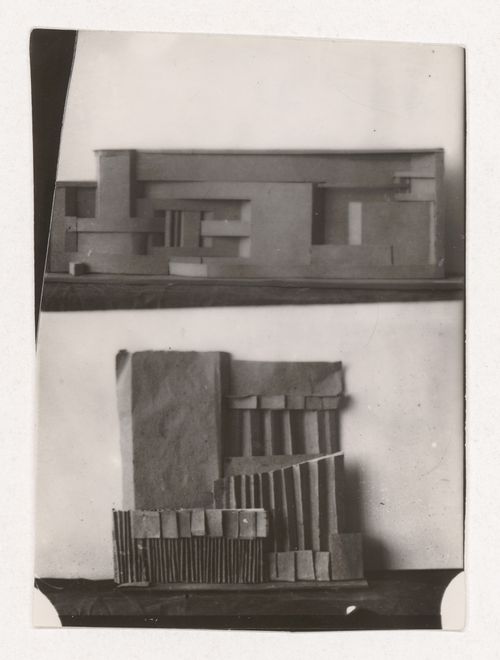 Photograph of student models on the topic "Construction of Frontal Surface Based on Vertical, Horizontal and Inclined Combination of Two or More Rhythmical Rows" for the "Space" course at the Vkhutemas and the Vkhutein, Moscow