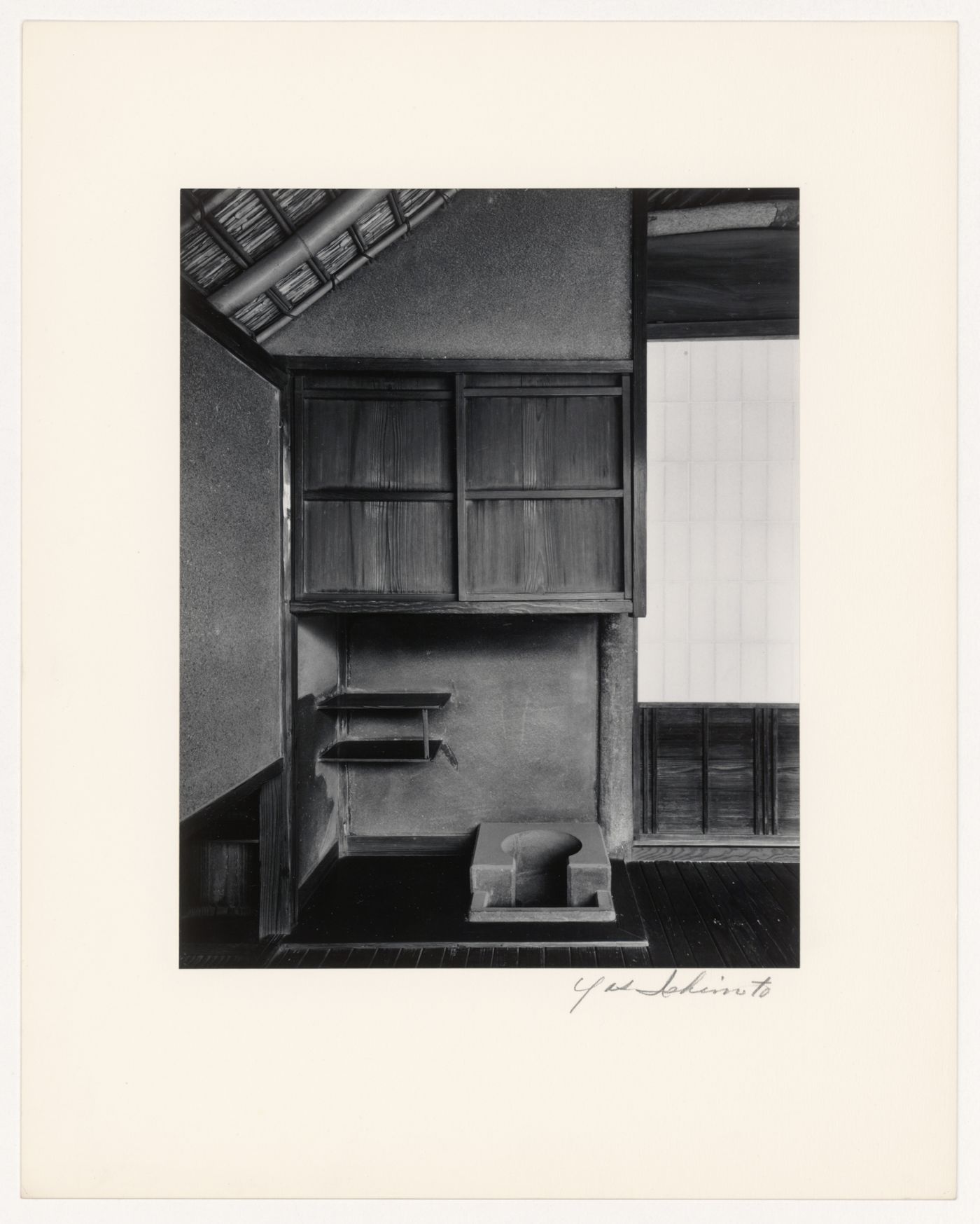 Interior view of the Pantry (also known as the Preparation Area for the Tea Ceremony) of the Gepparo showing a cabinet, shelves and a hearth, Katsura Rikyu (also known as Katsura Imperial Villa), Kyoto, Japan