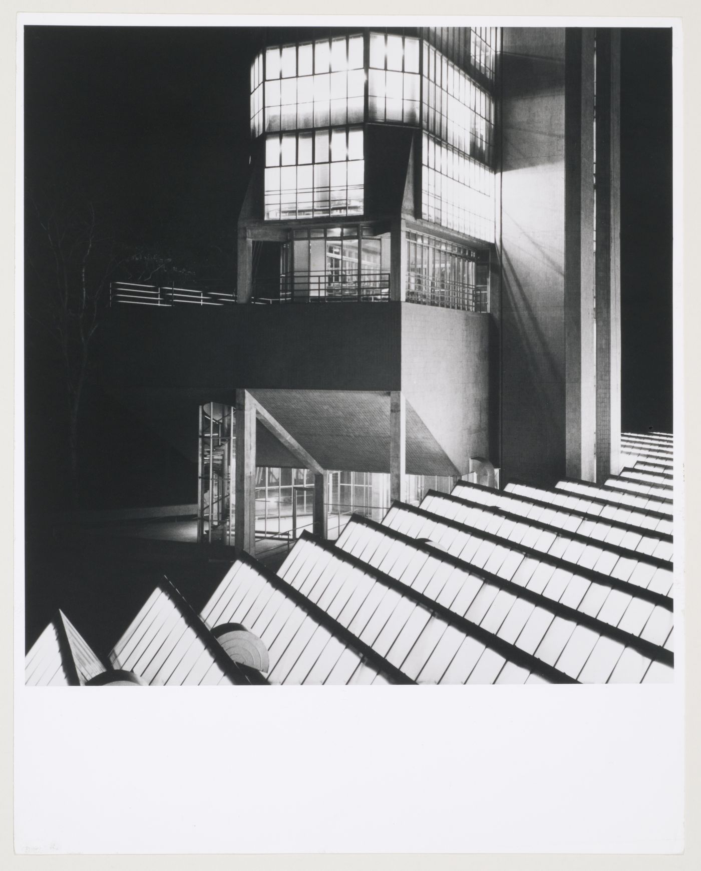 View of Leicester University Engineering Building at night showing the base of the tower, Leicester, England