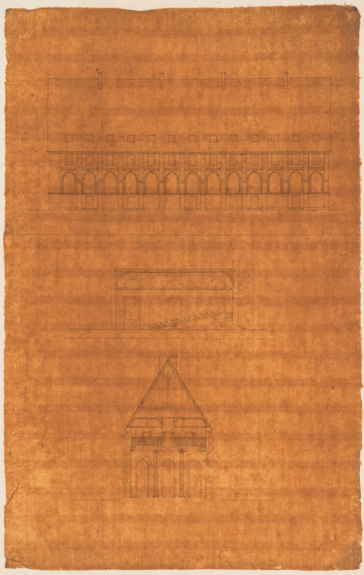 Project for the redevelopment of the École de médecine and surrounding area, Paris: Section and elevation for the salle de dissection