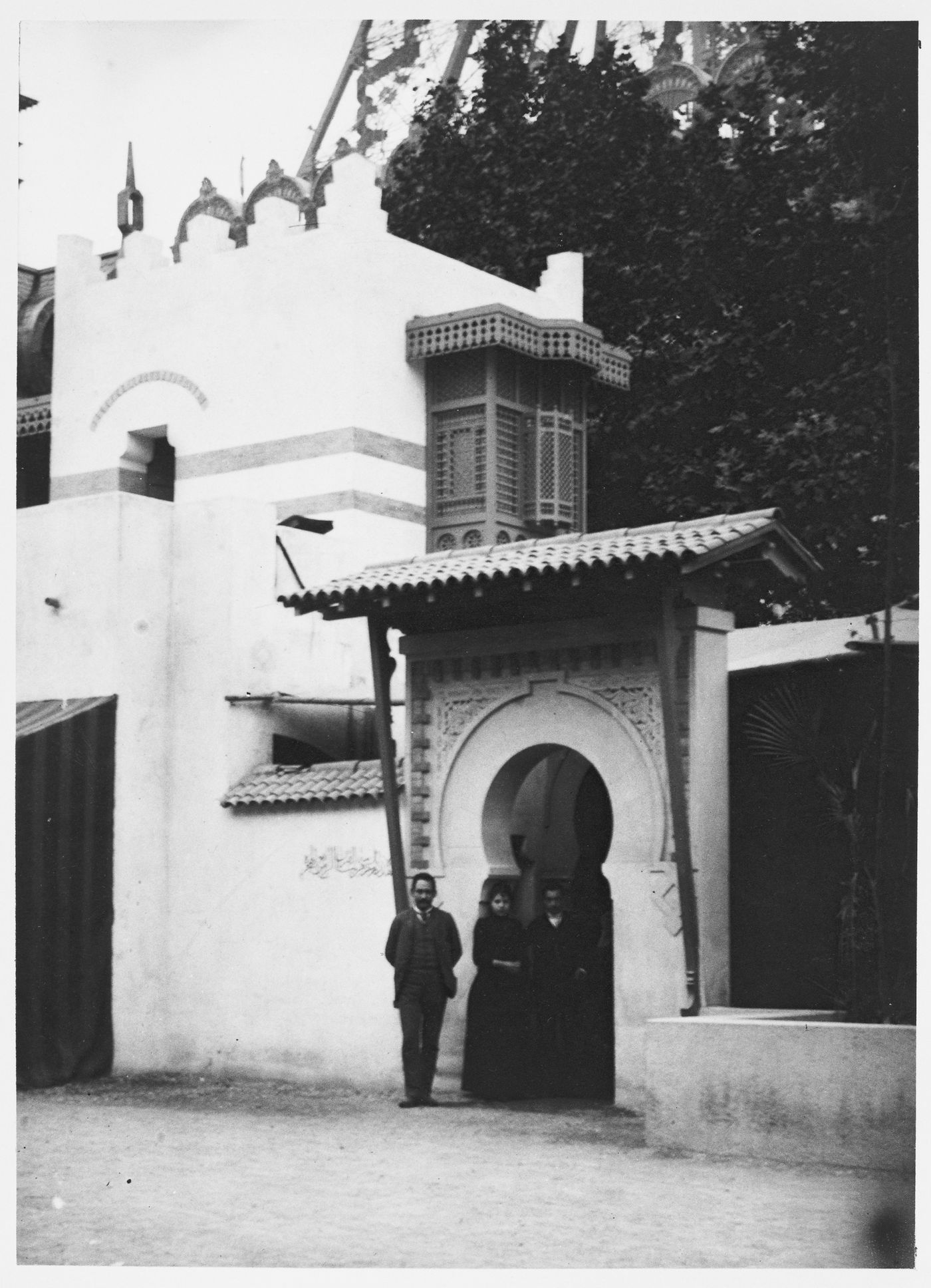 View of group of people standing in front of Maison Arabe, Exposition universelle de 1889, Paris, France