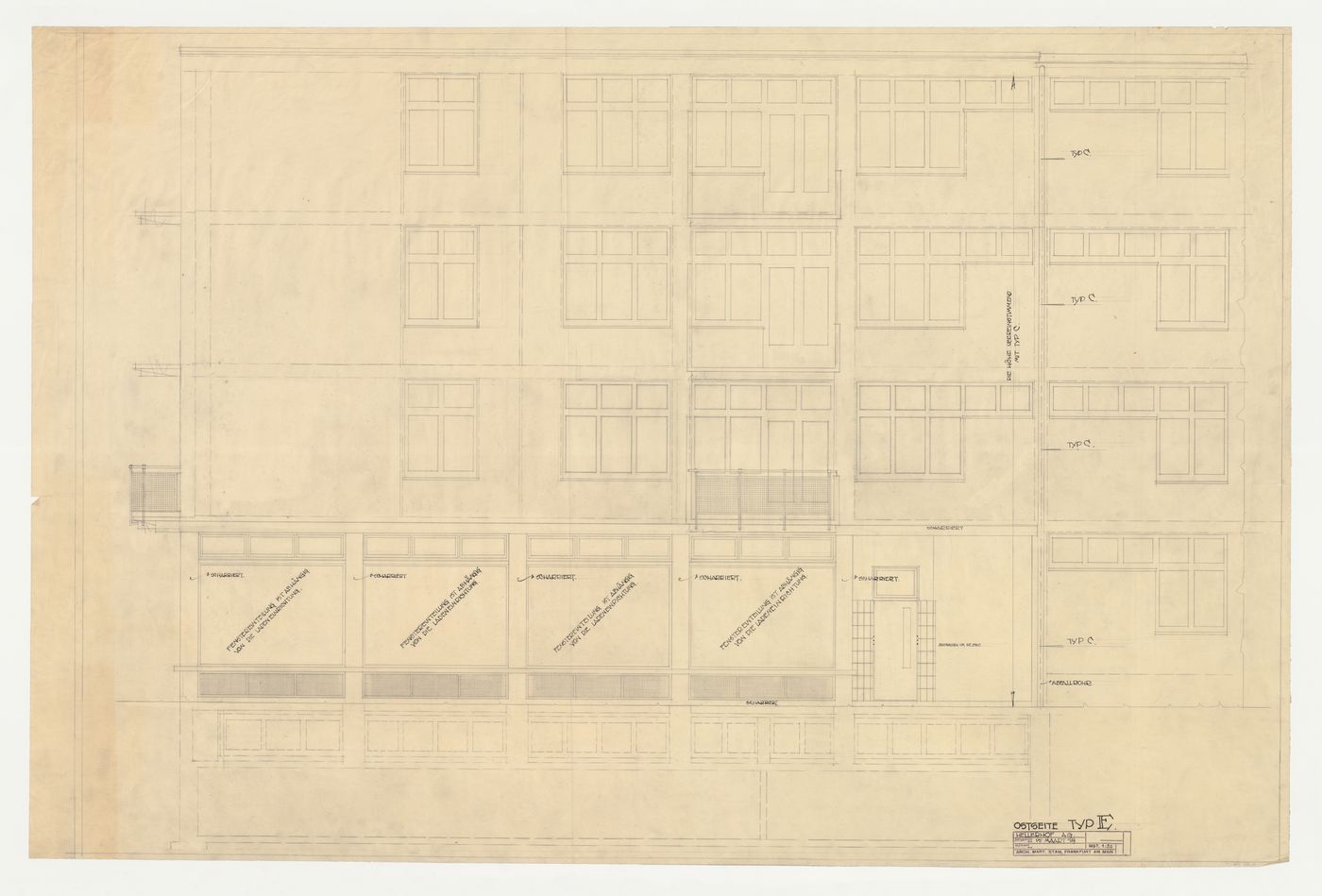 East elevation for a type E store and housing unit, Hellerhof Housing Estate, Frankfurt am Main, Germany