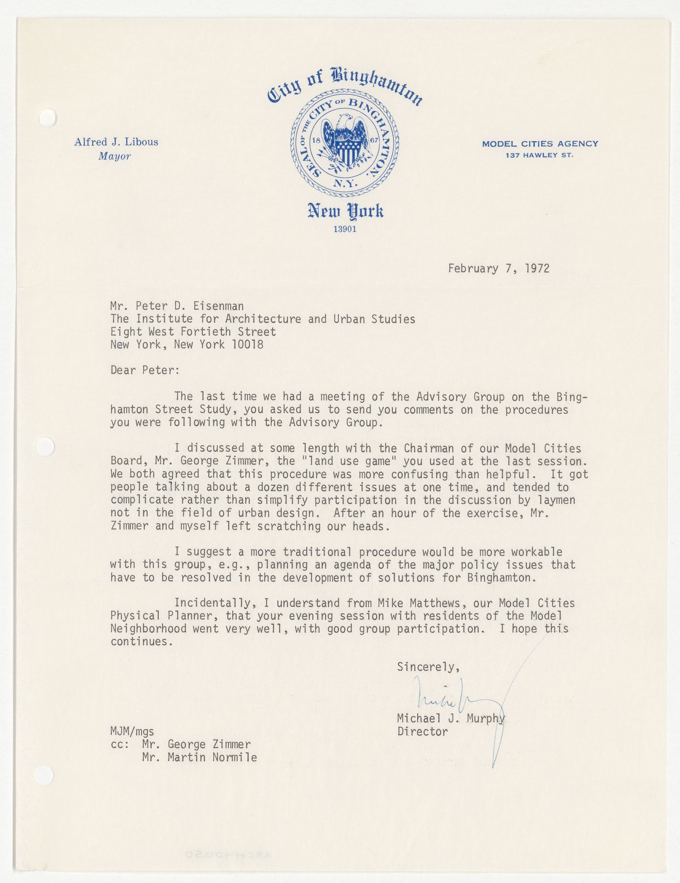Letter from Michael J. Murphy to Peter D. Eisenman about a meeting of the Advisory Group on the Binghamton Street Study