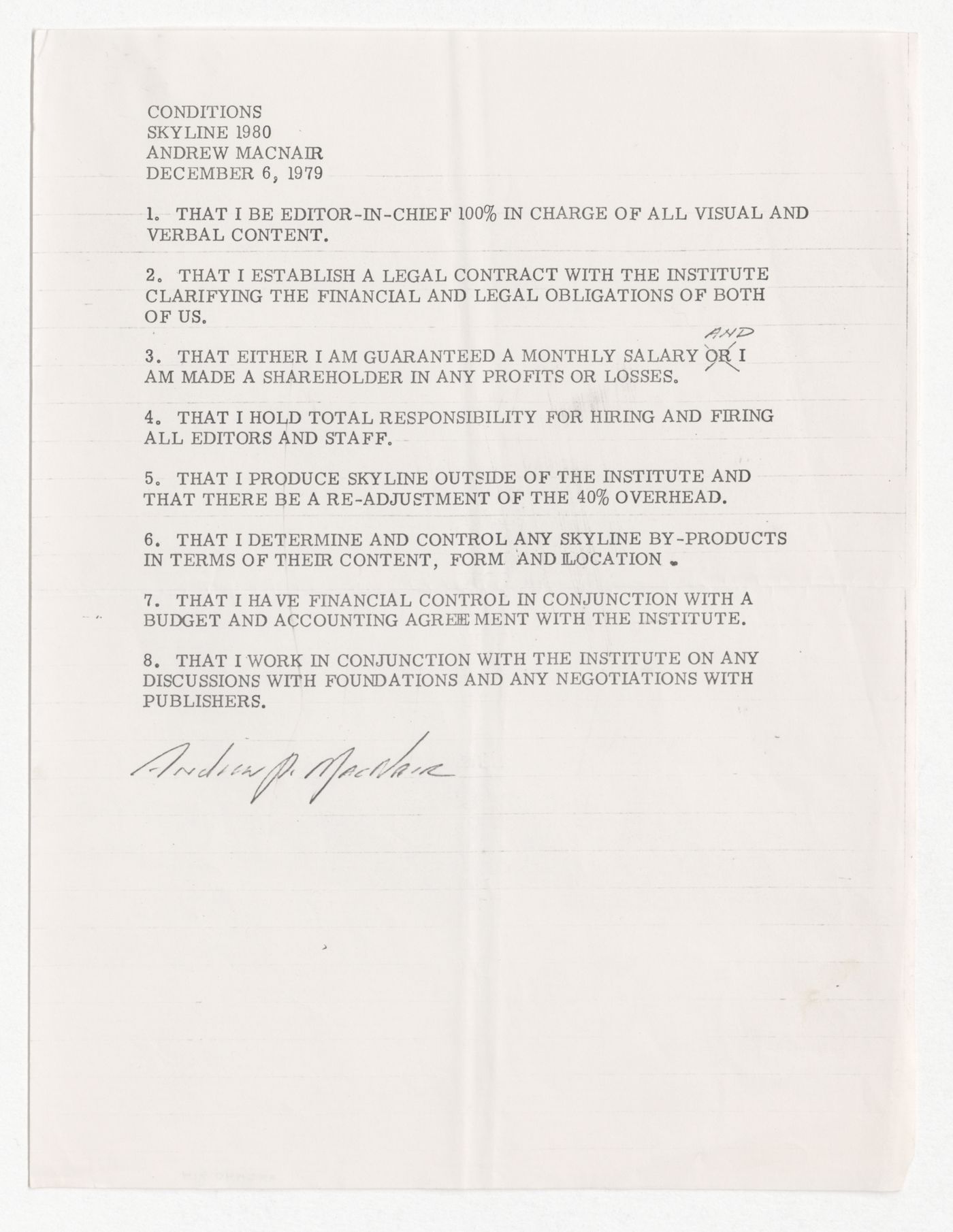 Memorandum from Andrew MacNair about conditions for his employment as editor-in-chief of Skyline