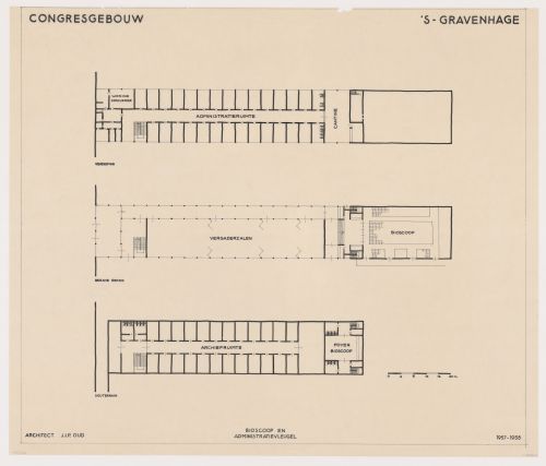 Basement, ground and first floor plans for the cinema and administrative wing for the Congress Hall Complex, The Hague, Netherlands