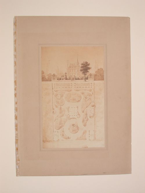 Rendered elevation and site plan for a mansion with outbuildings