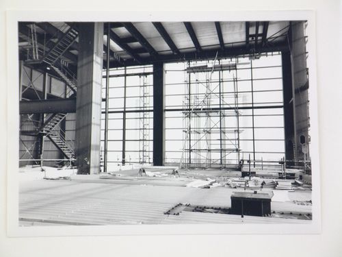 View of construction of steel structure for power station, from interior, United Kingdom