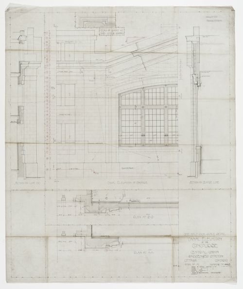 Canal elevation of the concourse with plans and sections for Central Union Passenger Station, Ottawa, Ontario