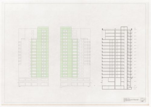 Elevations and section for Ceramique Terrein Blocos de habitação e escritórios, Maastrich, the Netherlands