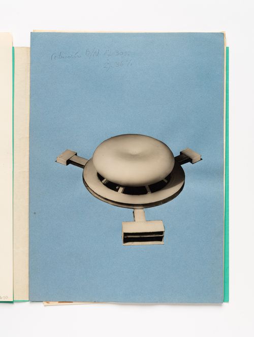 Cut-out of a photograph of the model for Sala para el espectáculo plástico y el sonido en el espacio, Córdoba, Argentina