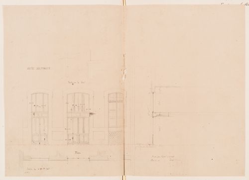 Preliminary elevation, plan and section for the courtyard doors, Hôtel Soltykoff