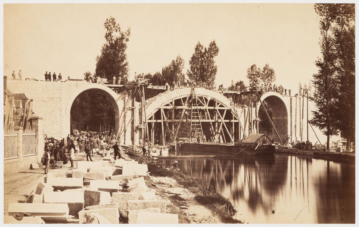 Construction of the railway viaduct over the Briare Canal, France